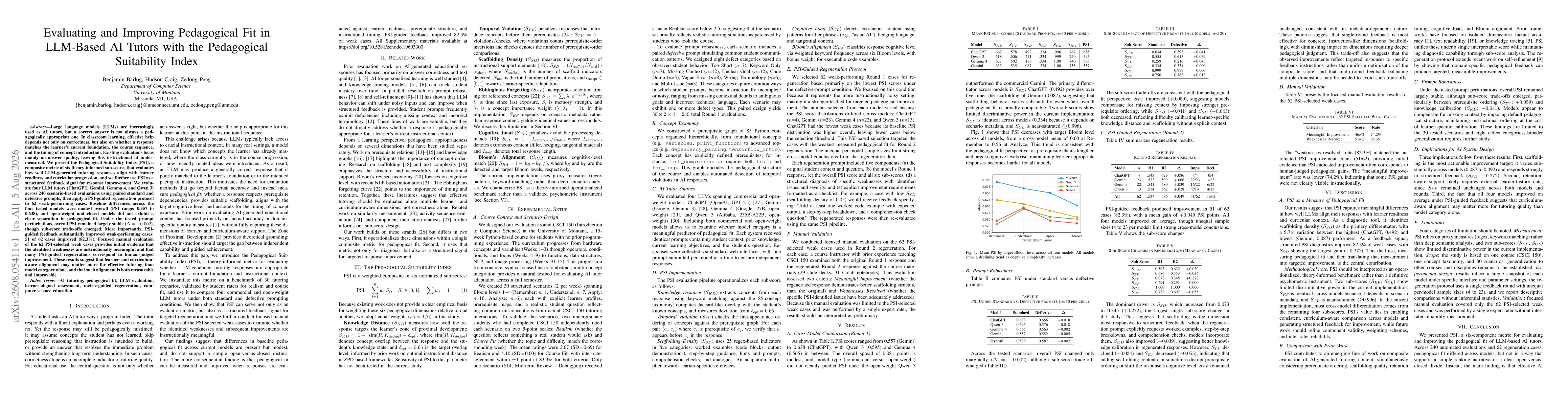 Thumbnail for Evaluating and Improving Pedagogical Fit in LLM-Based AI Tutors with the Pedagogical Suitability Index