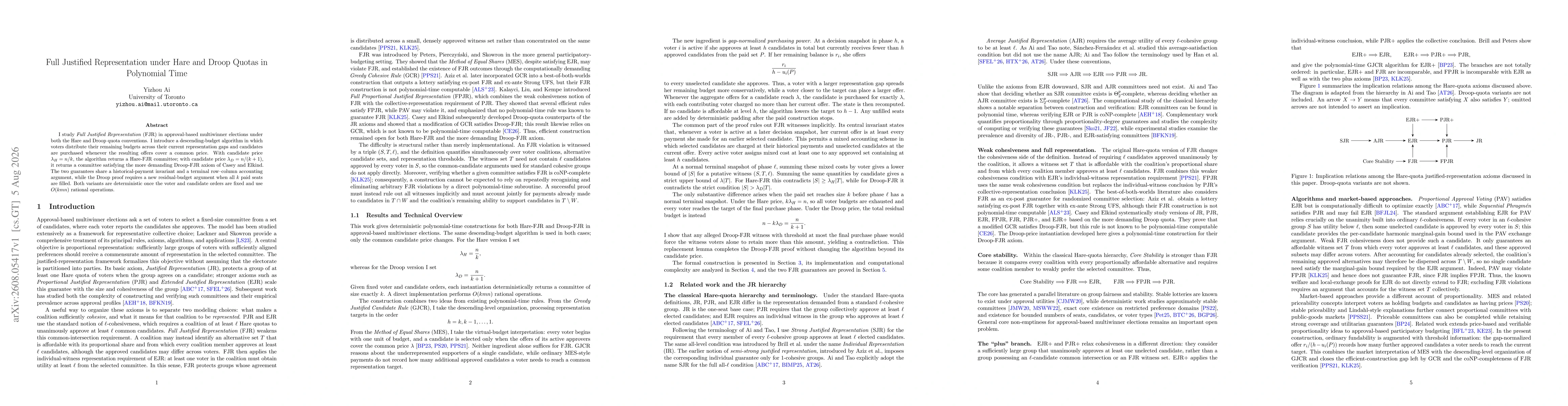 Thumbnail for Full Justified Representation under Hare and Droop Quotas in Polynomial Time