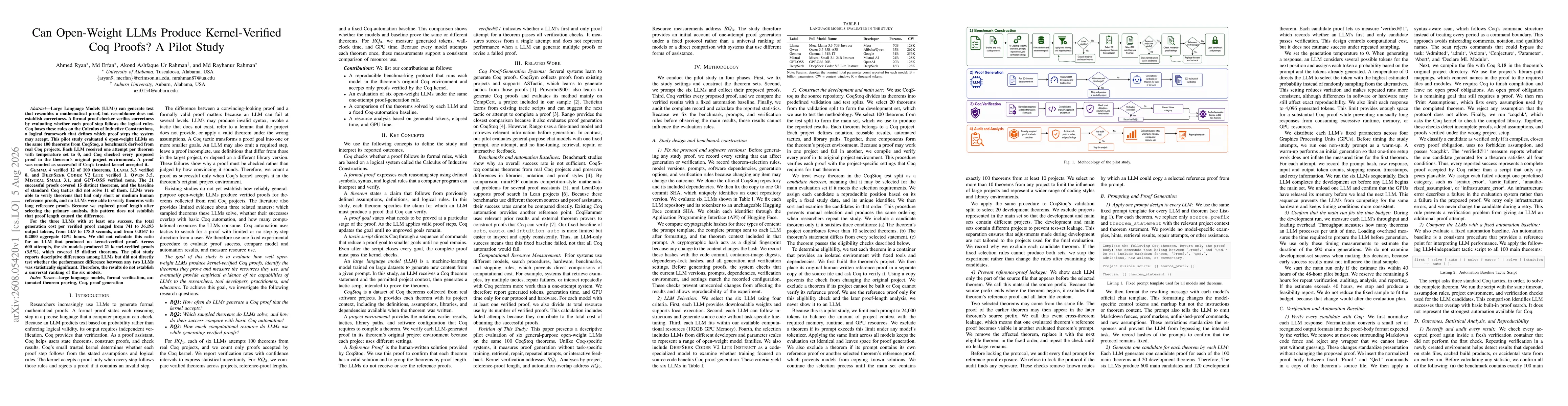 Thumbnail for Can Open-Weight LLMs Produce Kernel-Verified Coq Proofs? A Pilot Study