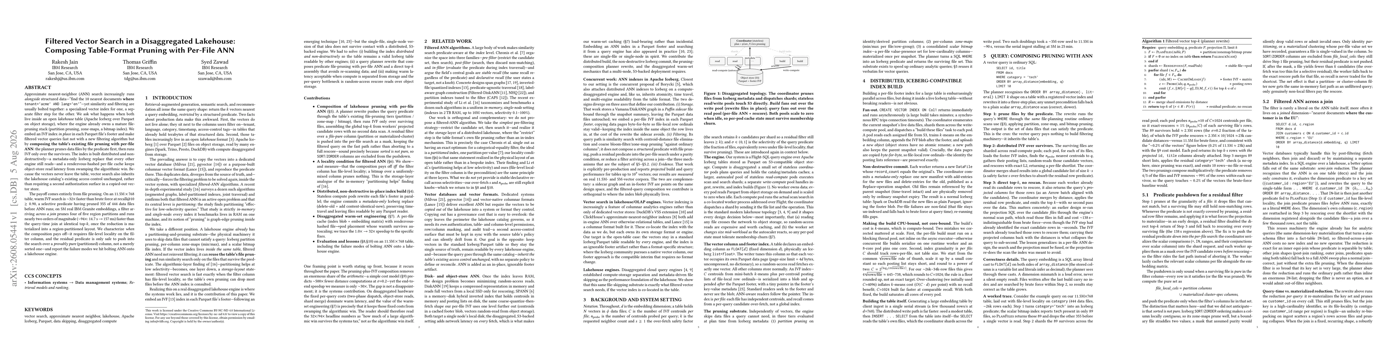 Thumbnail for Filtered Vector Search in a Disaggregated Lakehouse: Composing Table-Format Pruning with Per-File ANN
