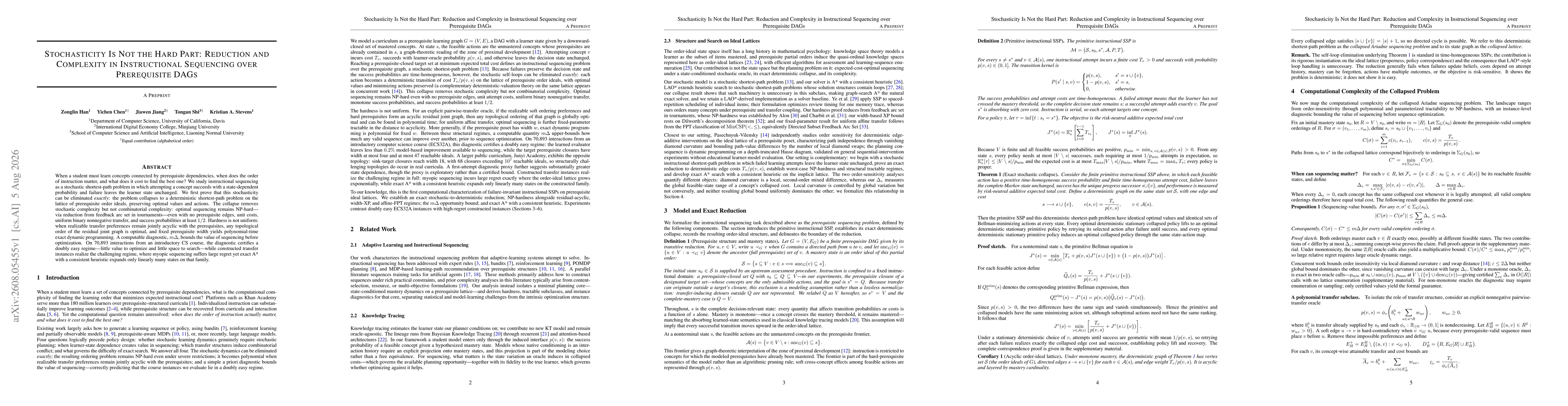 Thumbnail for Stochasticity Is Not the Hard Part: Reduction and Complexity in Instructional Sequencing over Prerequisite DAGs