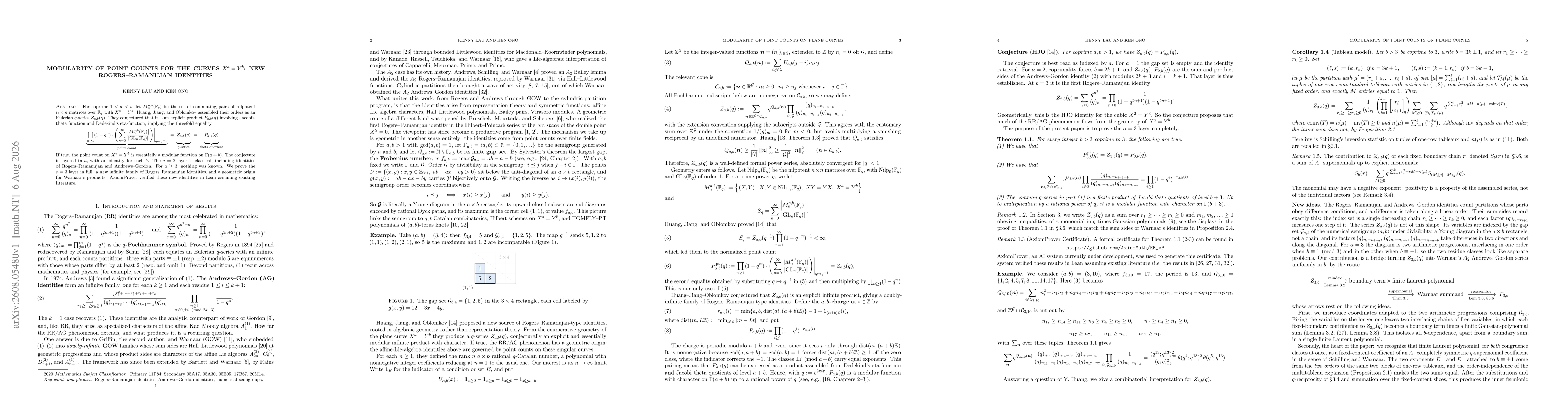 Thumbnail for Modularity of Point Counts for the Curves $X^a=Y^b$: New Rogers--Ramanujan Identities