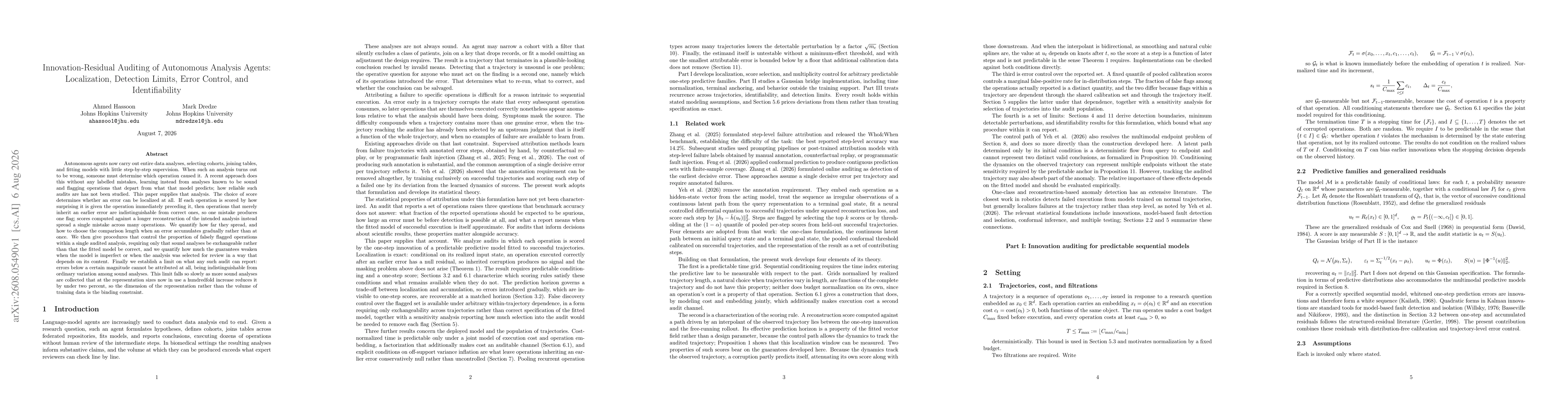 Thumbnail for Innovation-Residual Auditing of Autonomous Analysis Agents: Localization, Detection Limits, Error Control, and Identifiability