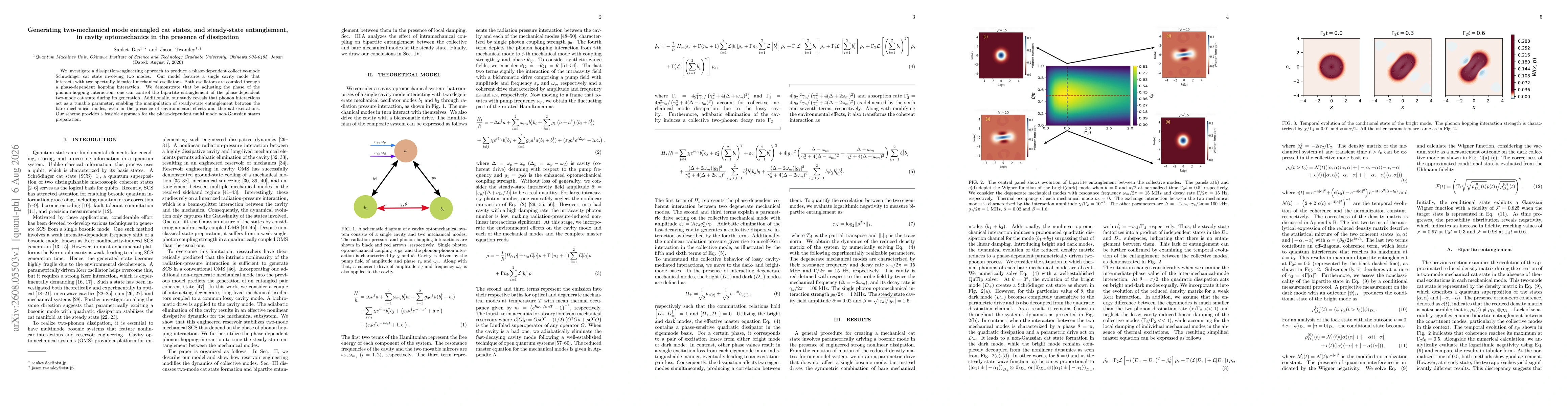 Thumbnail for Generating two-mechanical mode entangled cat states, and steady-state entanglement, in cavity optomechanics in the presence of dissipation