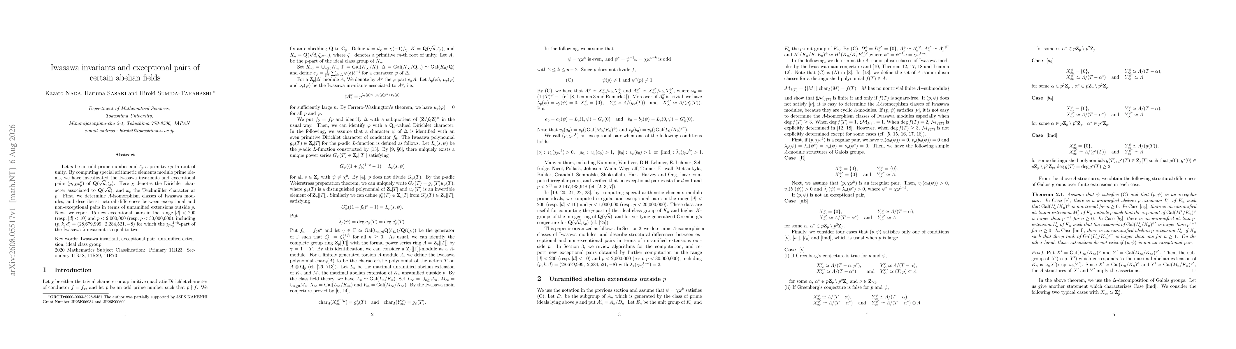 Thumbnail for Iwasawa invariants and exceptional pairs of certain abelian fields