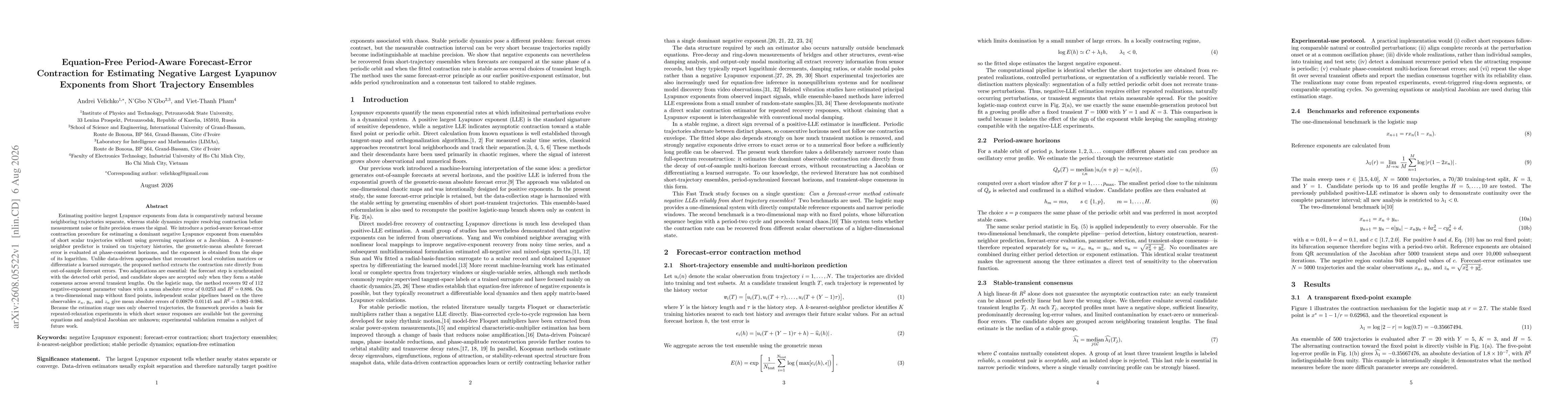 Thumbnail for Equation-Free Period-Aware Forecast-Error Contraction for Estimating Negative Largest Lyapunov Exponents from Short Trajectory Ensembles