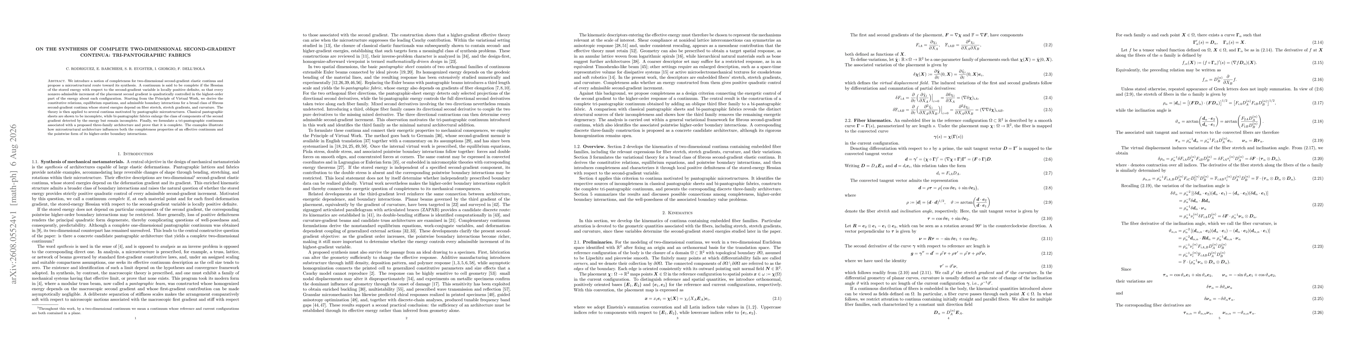 Thumbnail for On the synthesis of complete two-dimensional second-gradient continua: Tri-pantographic fabrics