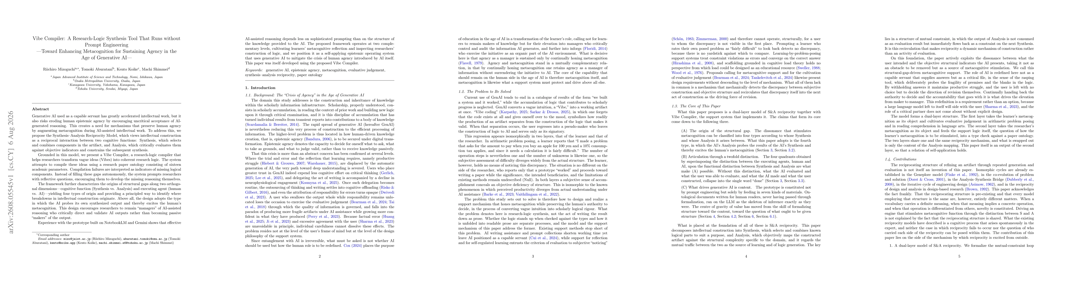Thumbnail for Vibe Compiler: A Research-Logic Synthesis Tool That Runs without Prompt Engineering -Toward Enhancing Metacognition for Sustaining Agency in the Age of Generative AI-