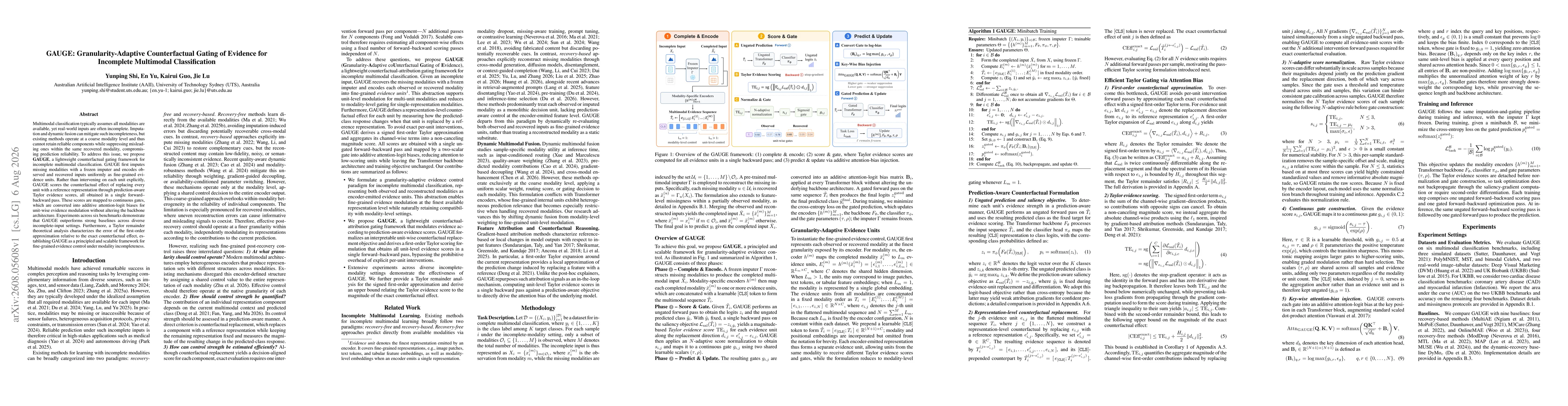 Thumbnail for GAUGE: Granularity-Adaptive Counterfactual Gating of Evidence for Incomplete Multimodal Classification