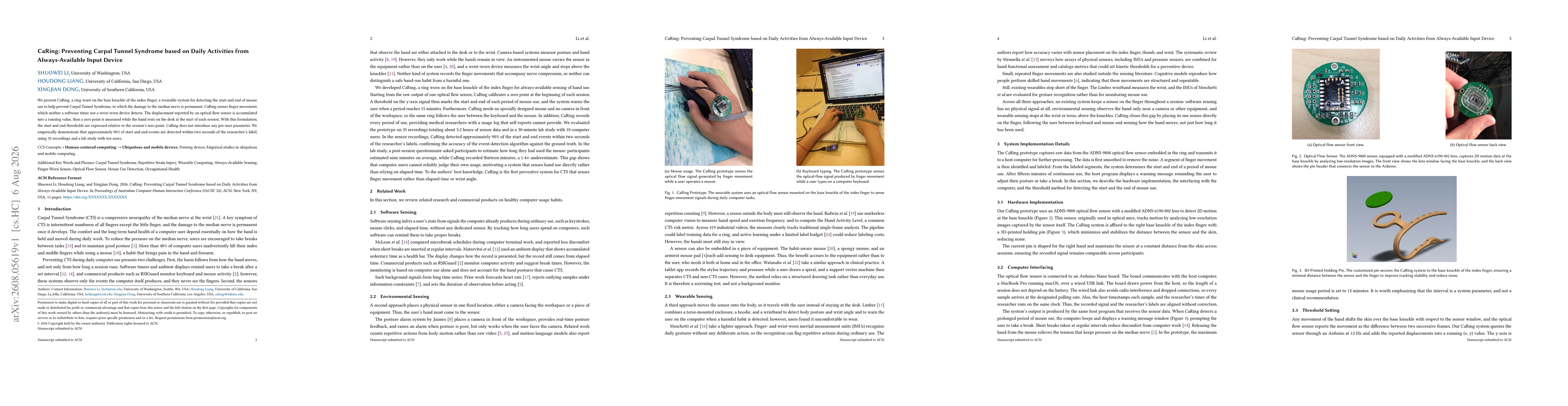 Thumbnail for CaRing: Preventing Carpal Tunnel Syndrome based on Daily Activities from Always-Available Input Device