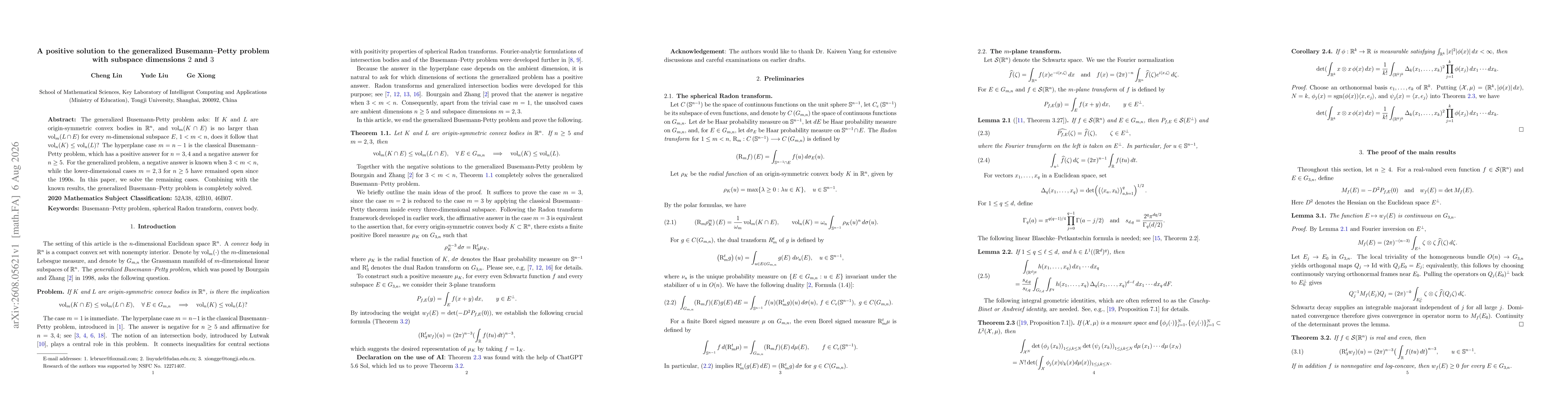 Thumbnail for A positive solution to the generalized Busemann--Petty problem with subspace dimensions $2$ and $3$
