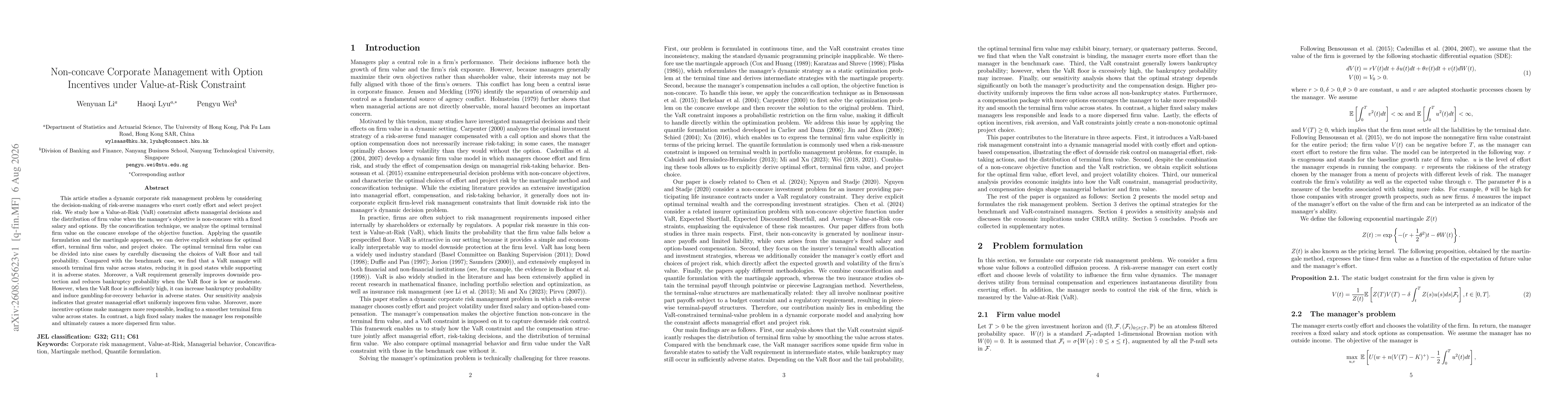 Thumbnail for Non-concave Corporate Management with Option Incentives under Value-at-Risk Constraint