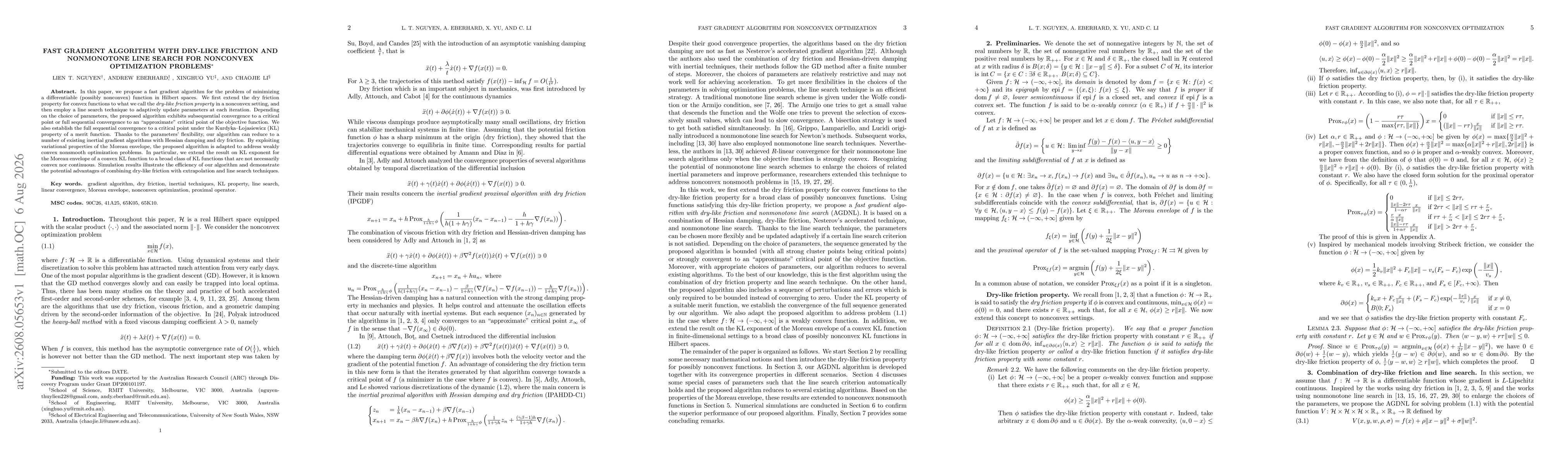 Thumbnail for Fast Gradient Algorithm with Dry-like Friction and Nonmonotone Line Search for Nonconvex Optimization Problems