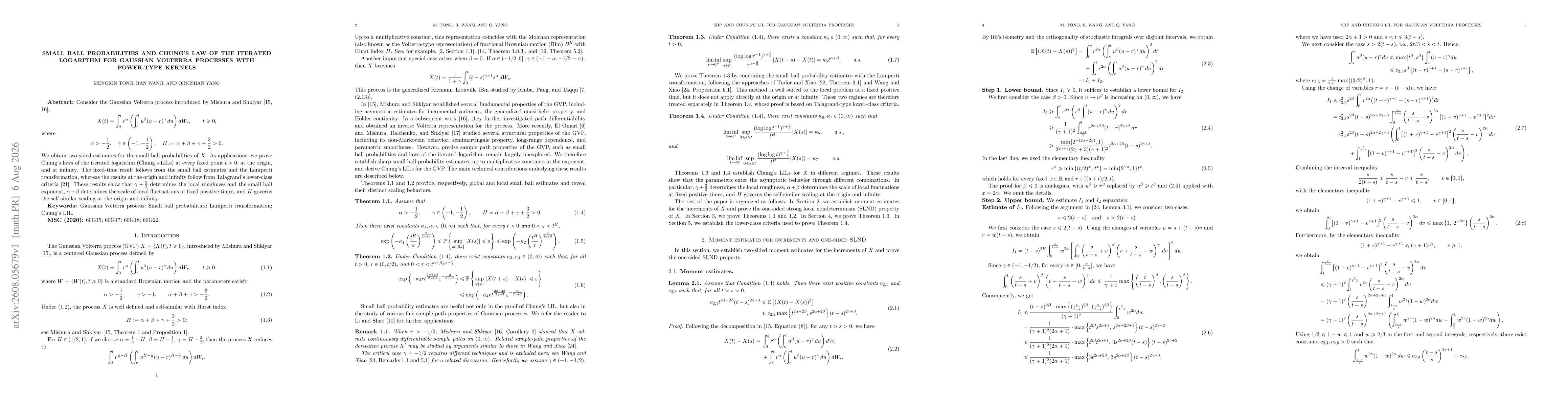 Thumbnail for Small ball probabilities and Chung's law of the iterated logarithm for Gaussian Volterra processes with power-type kernels
