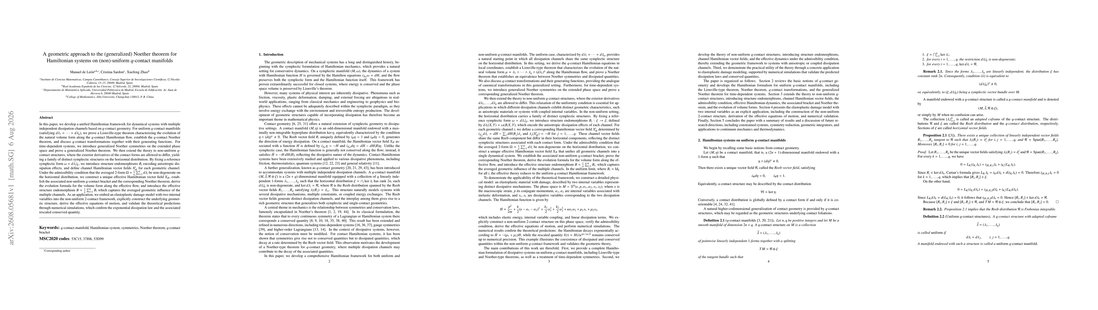 Thumbnail for A geometric approach to the (generalized) Noether theorem for Hamiltonian systems on (non)-uniform q-contact manifolds