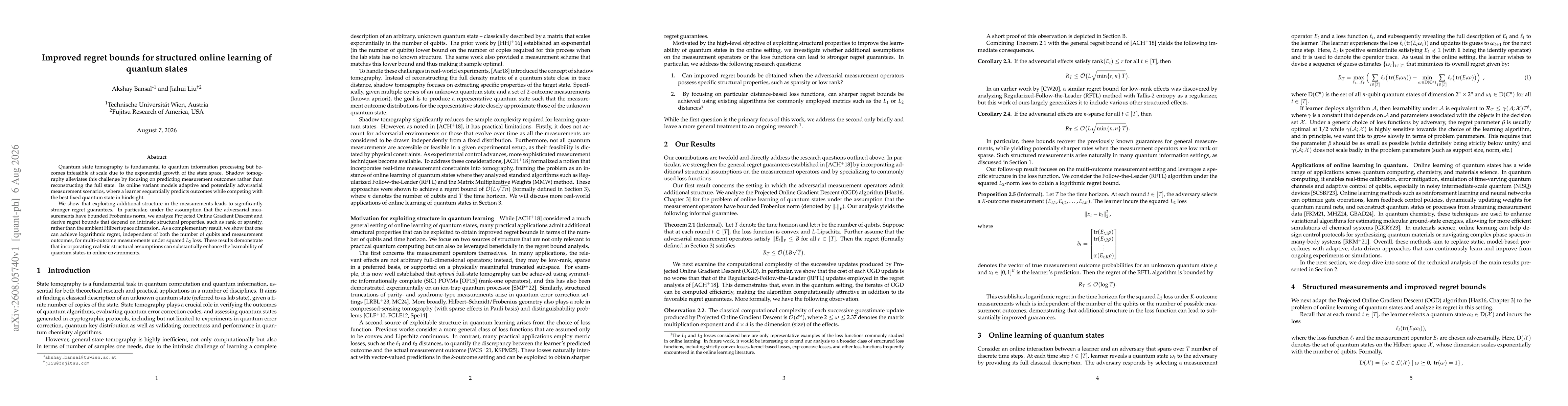 Thumbnail for Improved regret bounds for structured online learning of quantum states