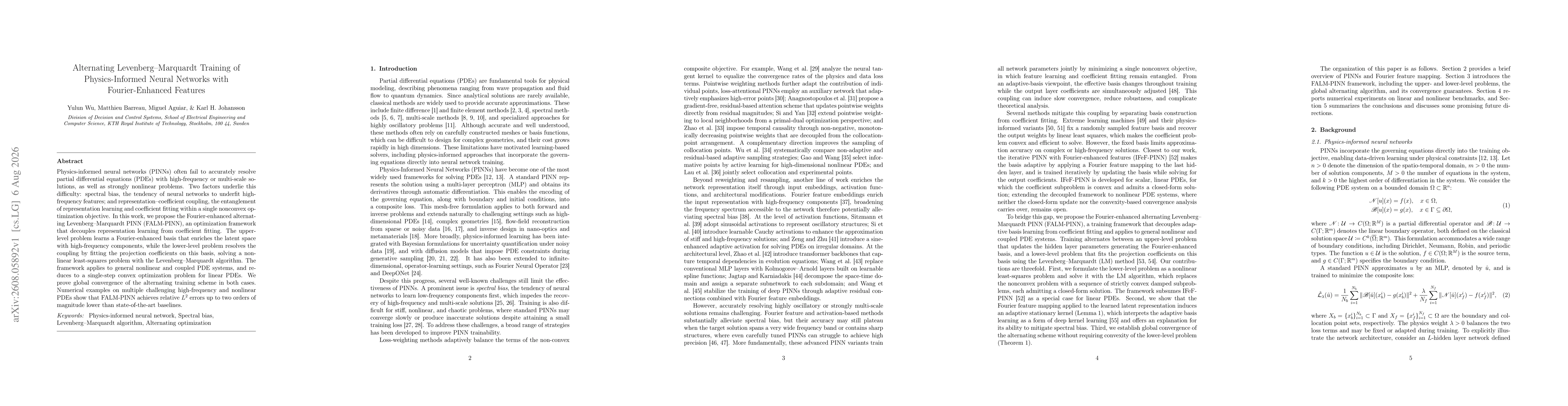Thumbnail for Alternating Levenberg-Marquardt Training of Physics-Informed Neural Networks with Fourier-Enhanced Features