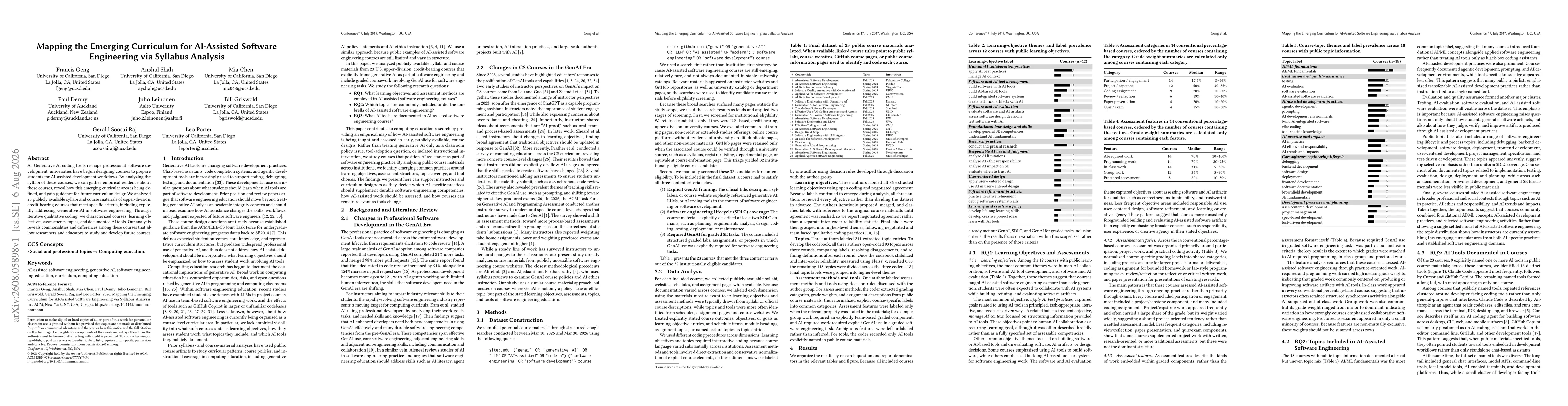 Thumbnail for Mapping the Emerging Curriculum for AI-Assisted Software Engineering via Syllabus Analysis