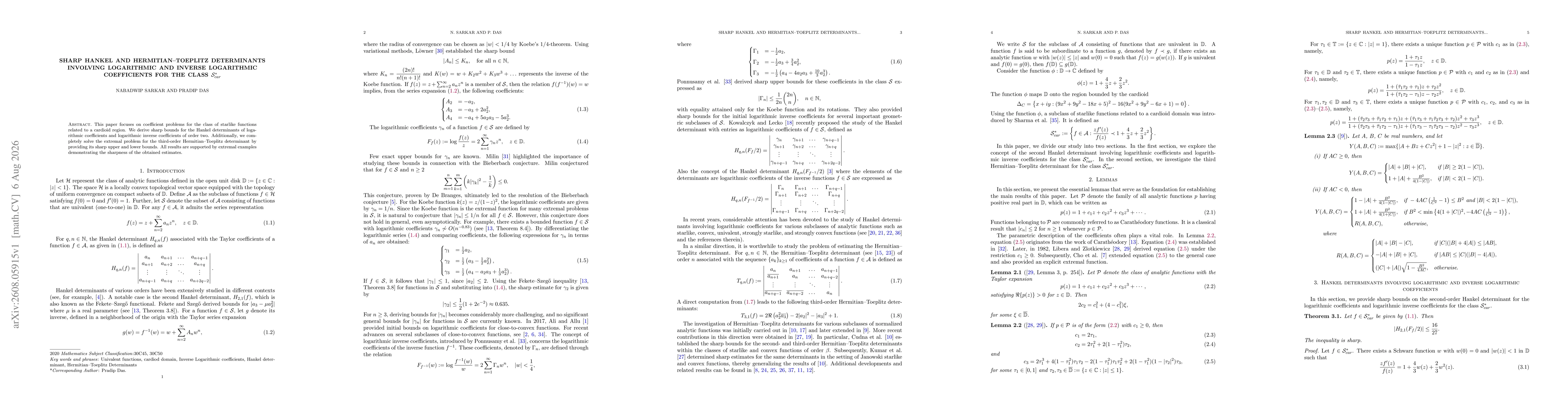 Thumbnail for Sharp Hankel and Hermitian--Toeplitz Determinants Involving Logarithmic and Inverse Logarithmic Coefficients for the class \(\mathcal{S}_{car}^*\)