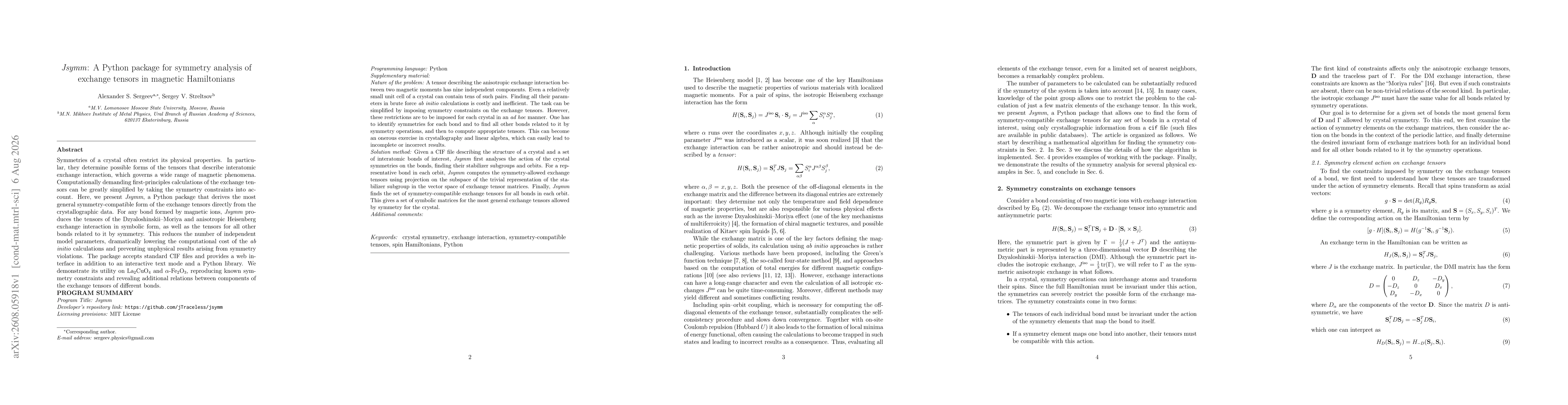 Thumbnail for Jsymm: A Python package for symmetry analysis of exchange tensors in magnetic Hamiltonians