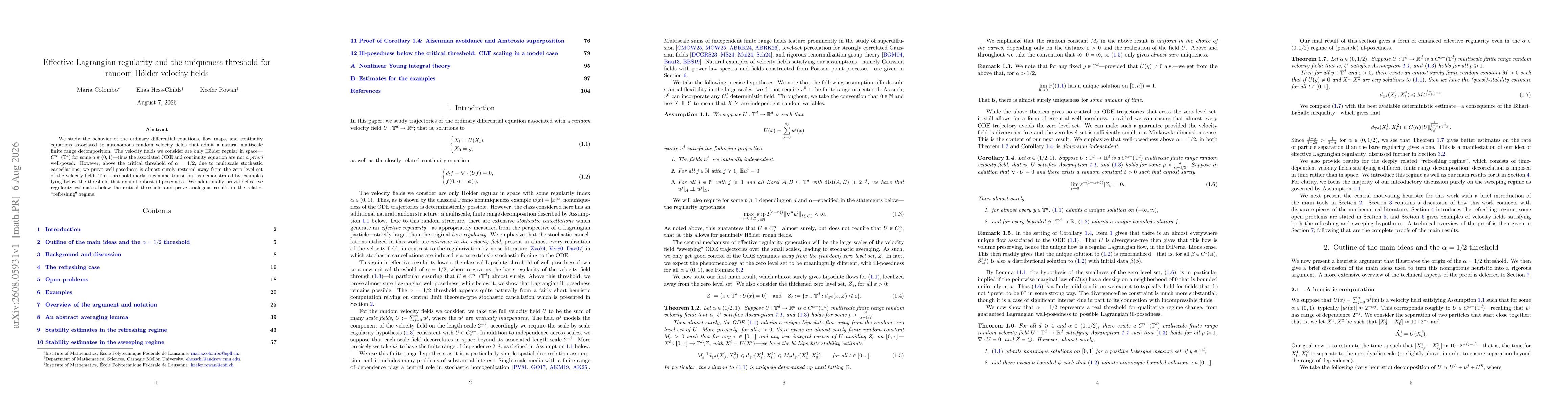 Thumbnail for Effective Lagrangian regularity and the uniqueness threshold for random Hölder velocity fields