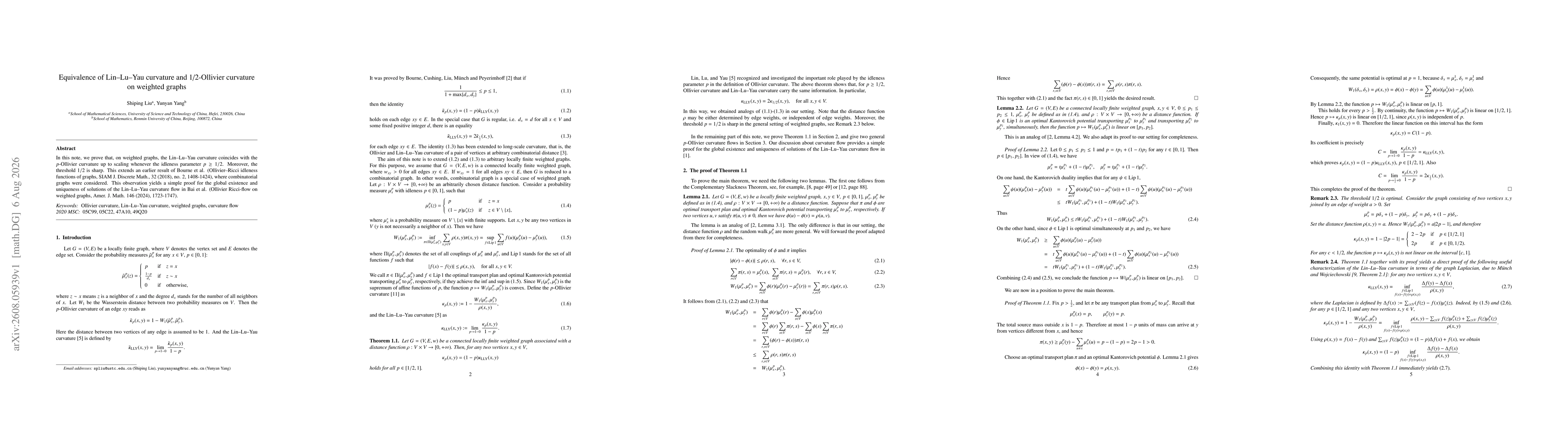 Thumbnail for Equivalence of Lin--Lu--Yau curvature and 1/2-Ollivier curvature on weighted graphs