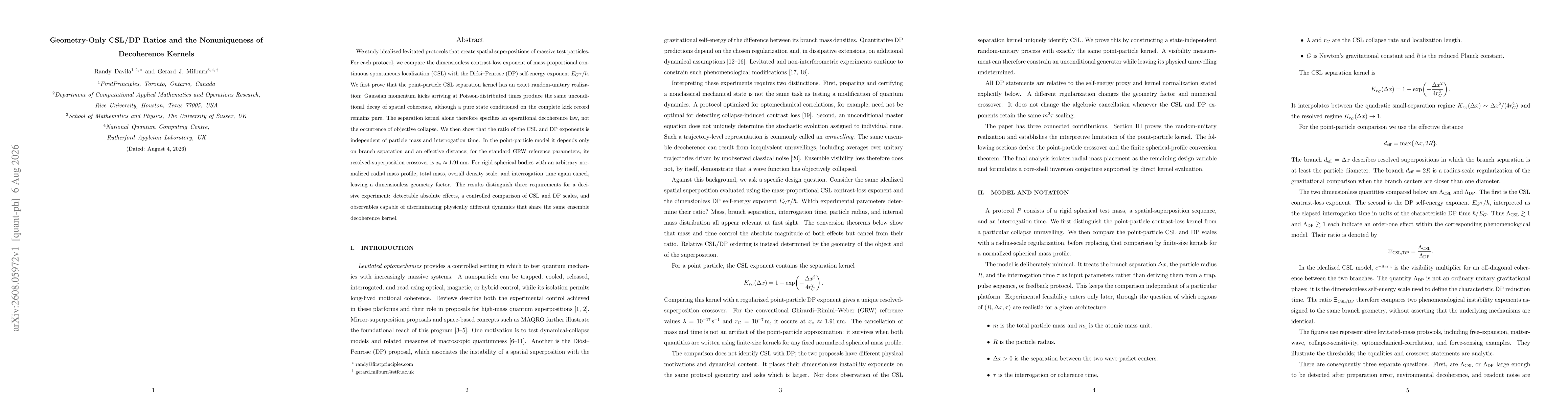Thumbnail for Geometry-Only CSL/DP Ratios and the Nonuniqueness of Decoherence Kernels