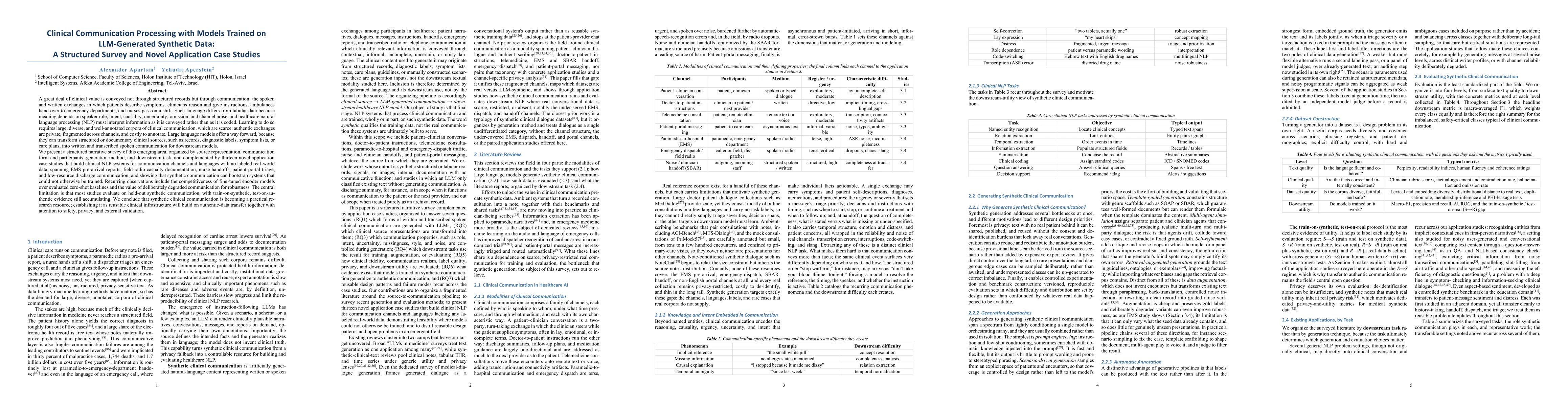 Thumbnail for Clinical Communication Processing with Models Trained on LLM-Generated Synthetic Data: A Structured Survey and Novel Application Case Studies