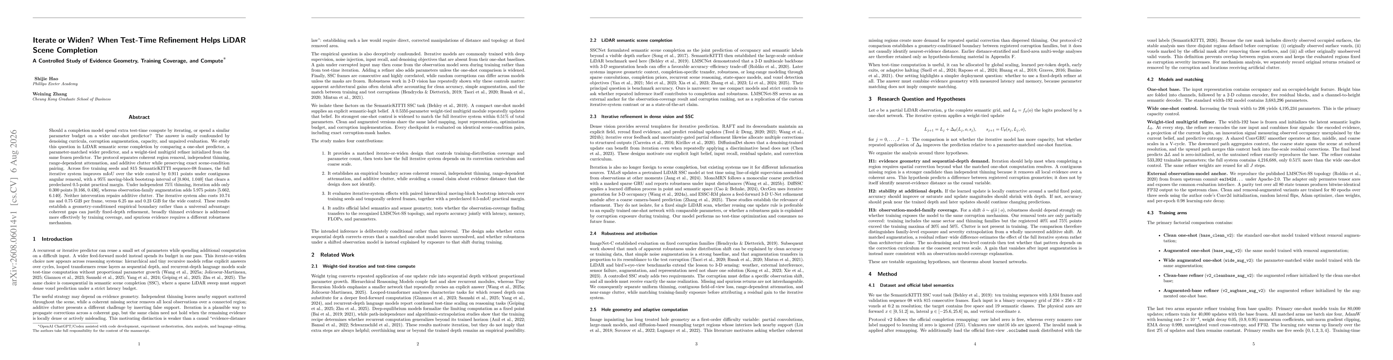 Thumbnail for Iterate or Widen? When Test-Time Refinement Helps LiDAR Scene Completion: A Controlled Study of Evidence Geometry, Training Coverage, and Compute