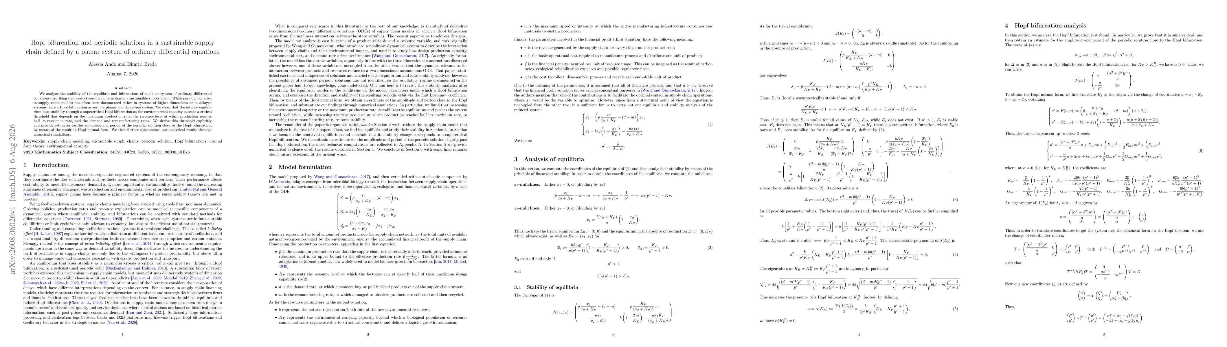 Thumbnail for Hopf bifurcation and periodic solutions in a sustainable supply chain defined by a planar system of ordinary differential equations