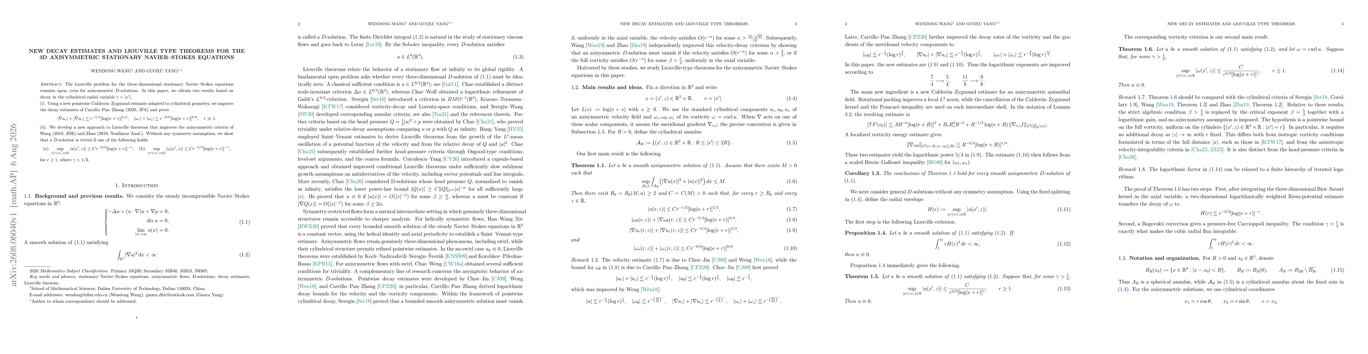 Thumbnail for New decay estimates and Liouville type theorems for the 3D axisymmetric stationary Navier-Stokes equations
