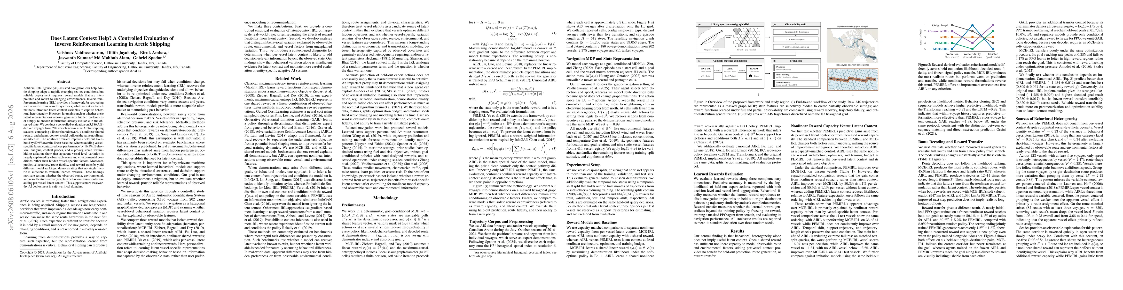 Thumbnail for Does Latent Context Help? A Controlled Evaluation of Inverse Reinforcement Learning in Arctic Shipping