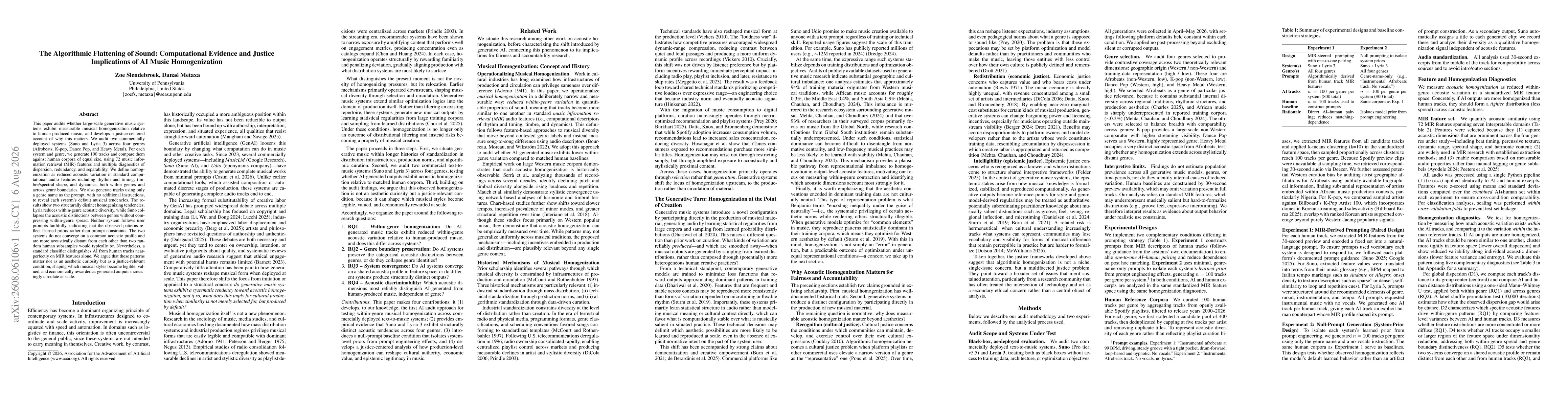 Thumbnail for The Algorithmic Flattening of Sound: Computational Evidence and Justice Implications of AI Music Homogenization
