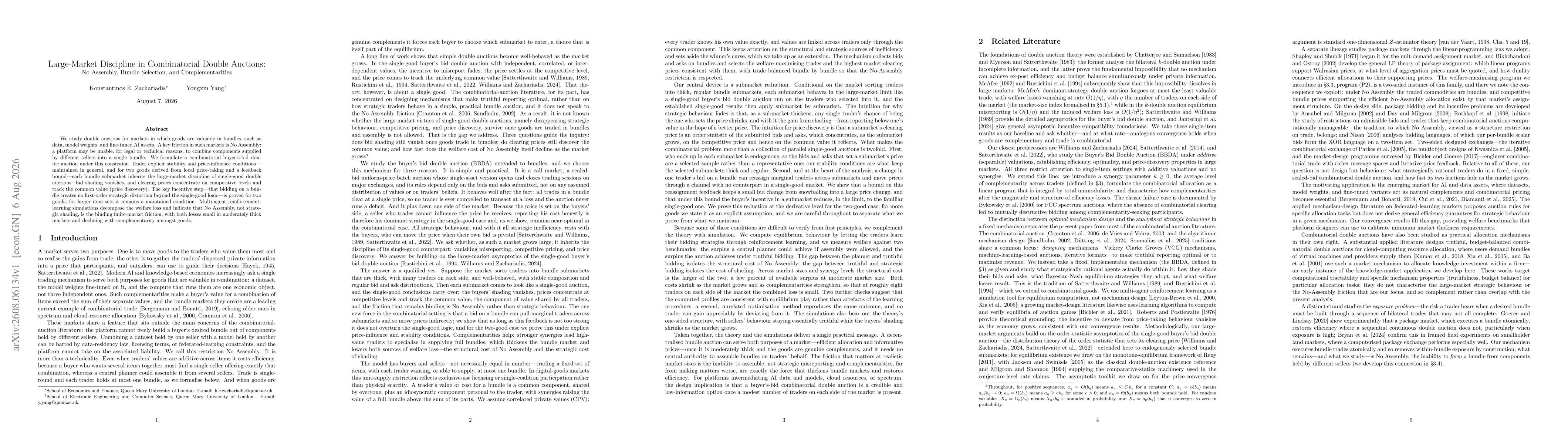 Thumbnail for Large-Market Discipline in Combinatorial Double Auctions: No Assembly, Bundle Selection, and Complementarities