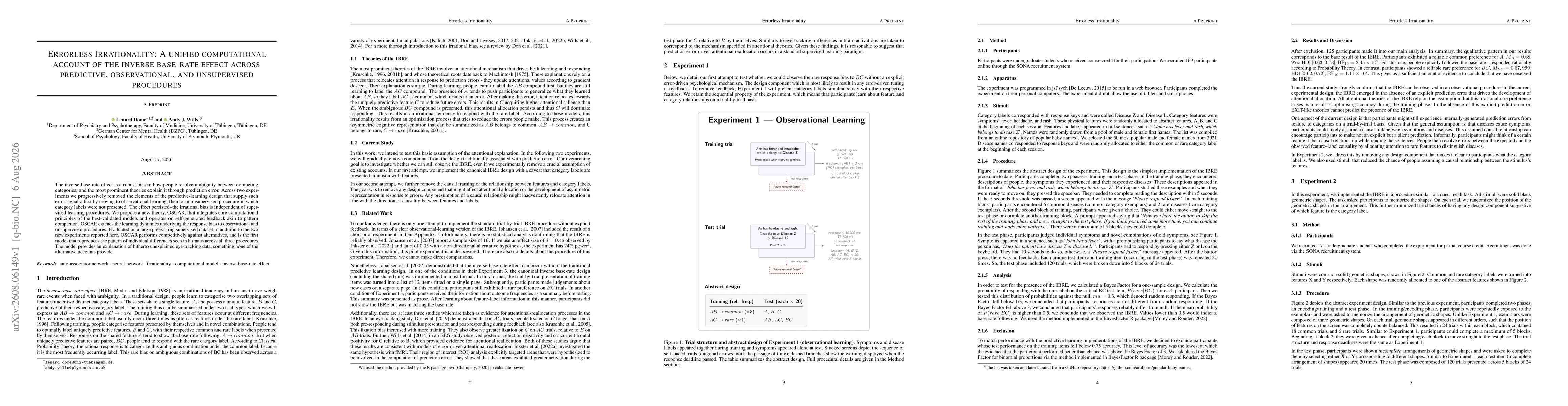 Thumbnail for Errorless Irrationality: A unified computational account of the inverse base-rate effect across predictive, observational, and unsupervised procedures
