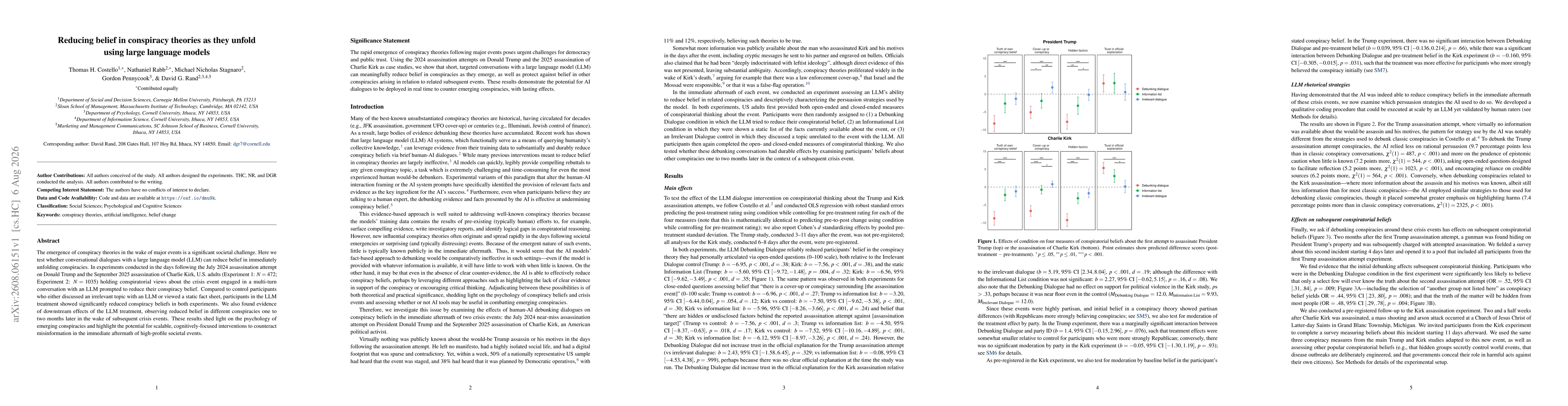 Thumbnail for Reducing belief in conspiracy theories as they unfold using large language models