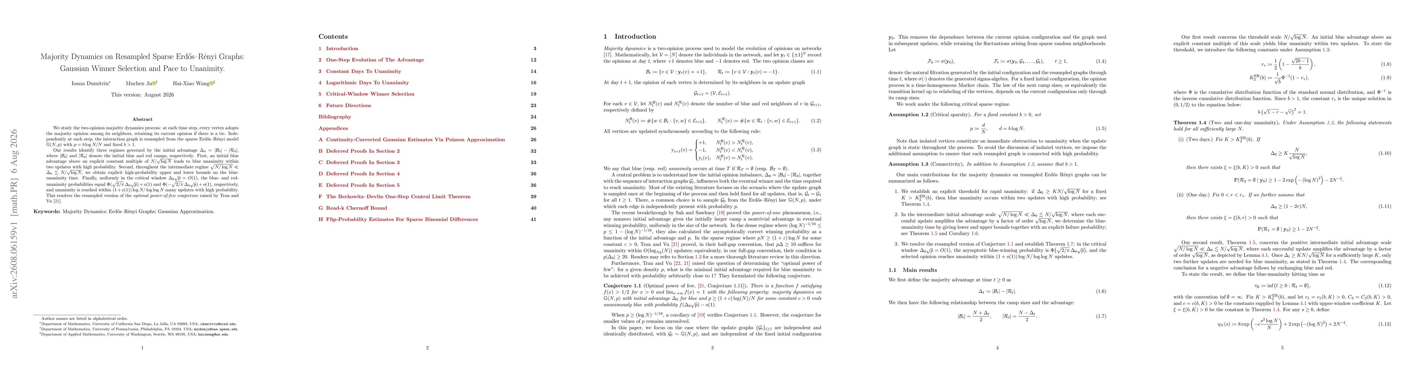 Thumbnail for Majority Dynamics on Resampled Sparse Erdős--Rényi Graphs: Gaussian Winner Selection and Pace to Unanimity