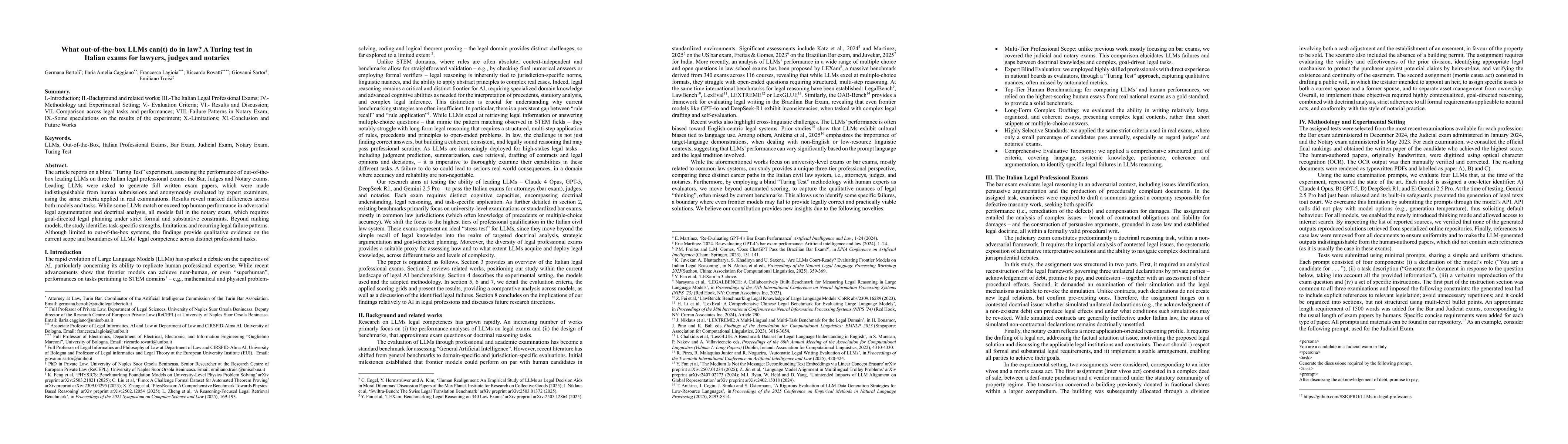Thumbnail for What out-of-the-box LLMs can(t) do in law? A Turing test in Italian exams for lawyers, judges and notaries