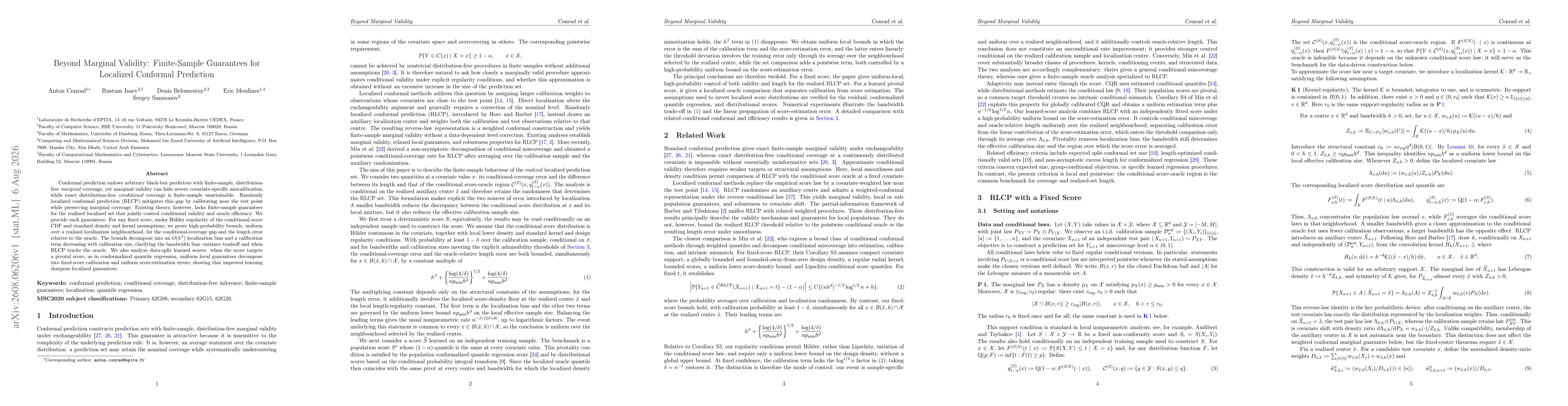 Thumbnail for Beyond Marginal Validity: Finite-Sample Guarantees for Localized Conformal Prediction
