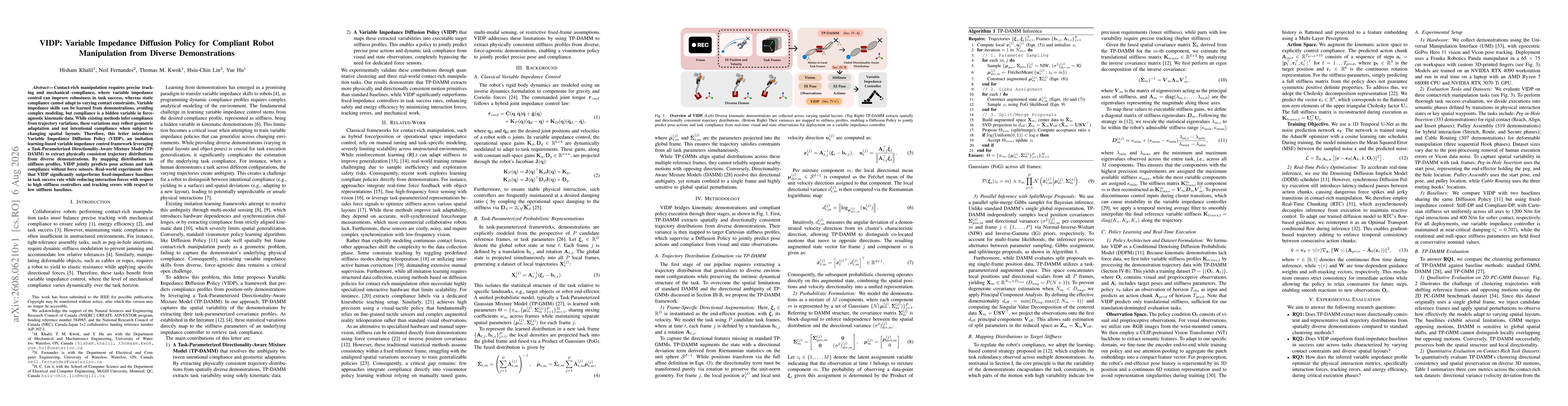 Thumbnail for VIDP: Variable Impedance Diffusion Policy for Compliant Robot Manipulation from Diverse Demonstrations