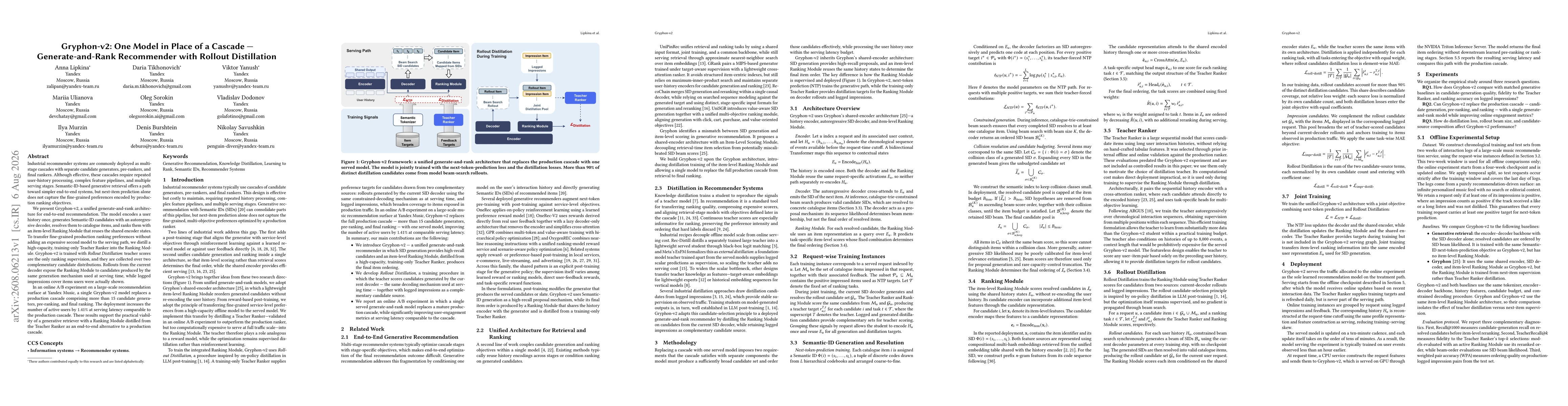 Thumbnail for Gryphon-v2: One Model in Place of a Cascade - Generate-and-Rank Recommender with Rollout Distillation