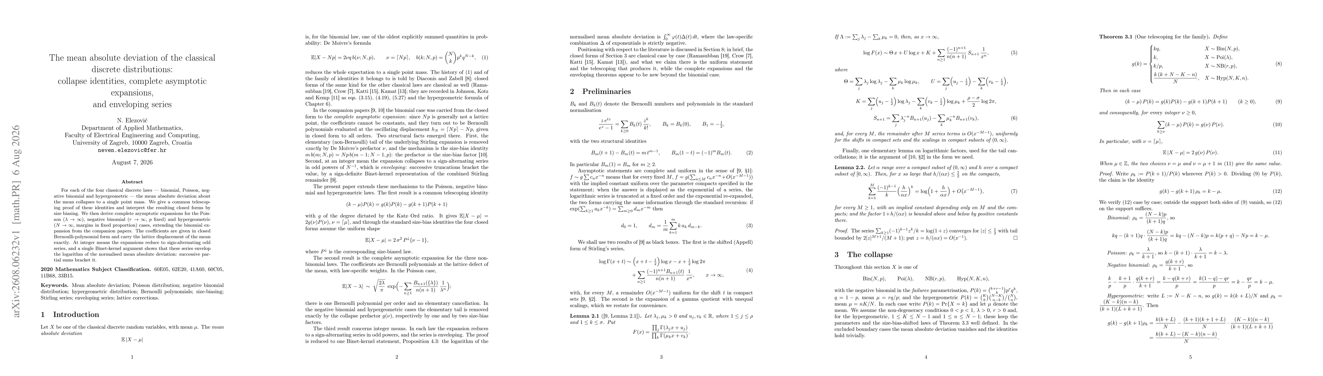 Thumbnail for The mean absolute deviation of the classical discrete distributions: collapse identities, complete asymptotic expansions, and enveloping series