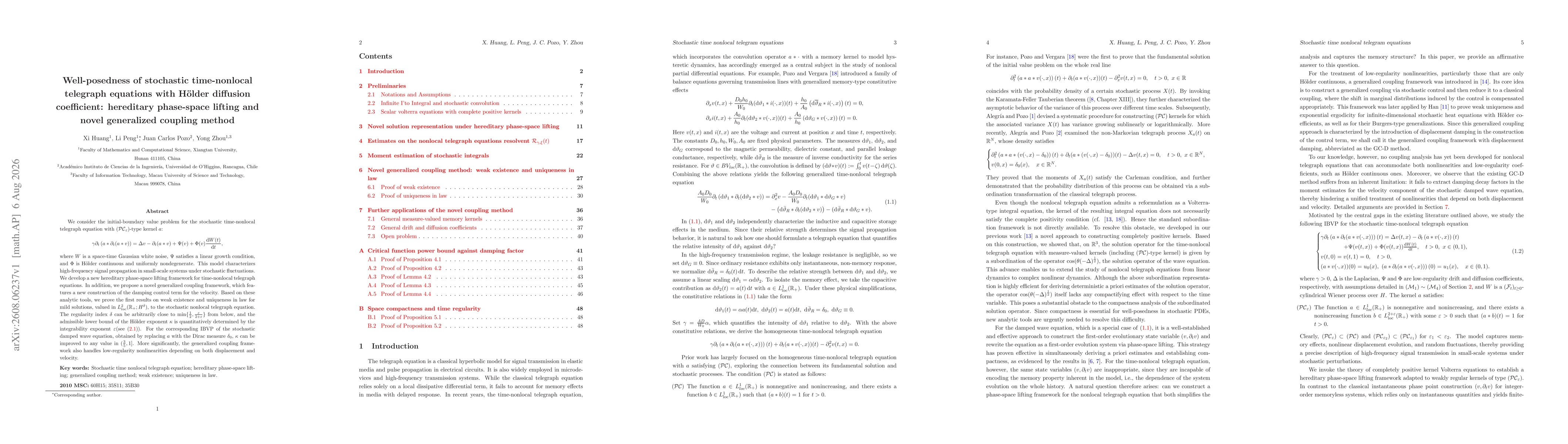 Thumbnail for Well-posedness of stochastic time-nonlocal telegraph equations with Hölder diffusion coefficient: hereditary phase-space lifting and novel generalized coupling method