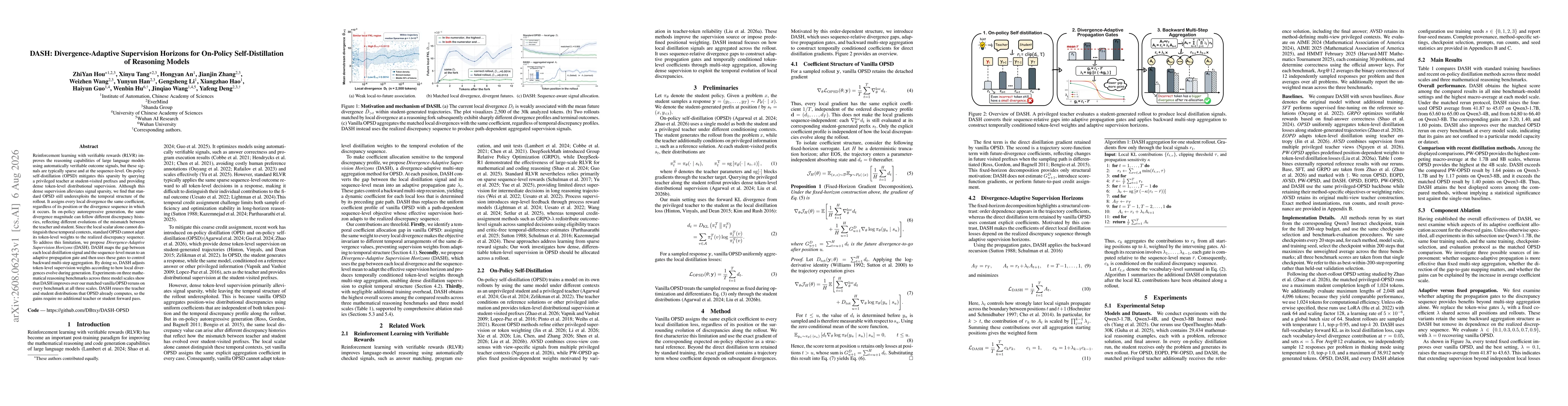 Thumbnail for DASH: Divergence-Adaptive Supervision Horizons for On-Policy Self-Distillation of Reasoning Models