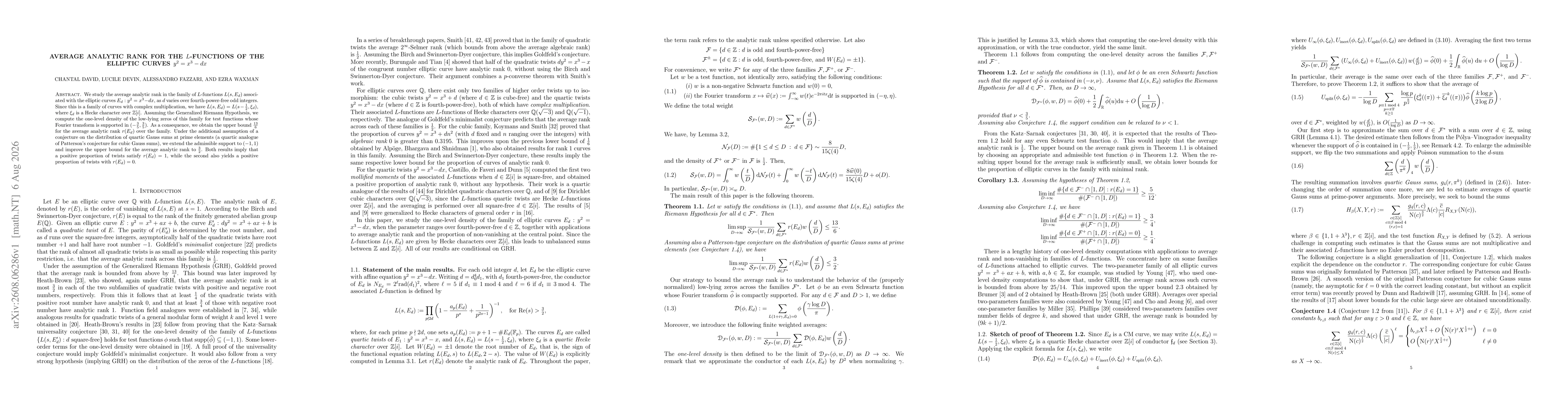 Thumbnail for Average analytic rank for the $L$-functions of the elliptic curves $y^2=x^3-dx$