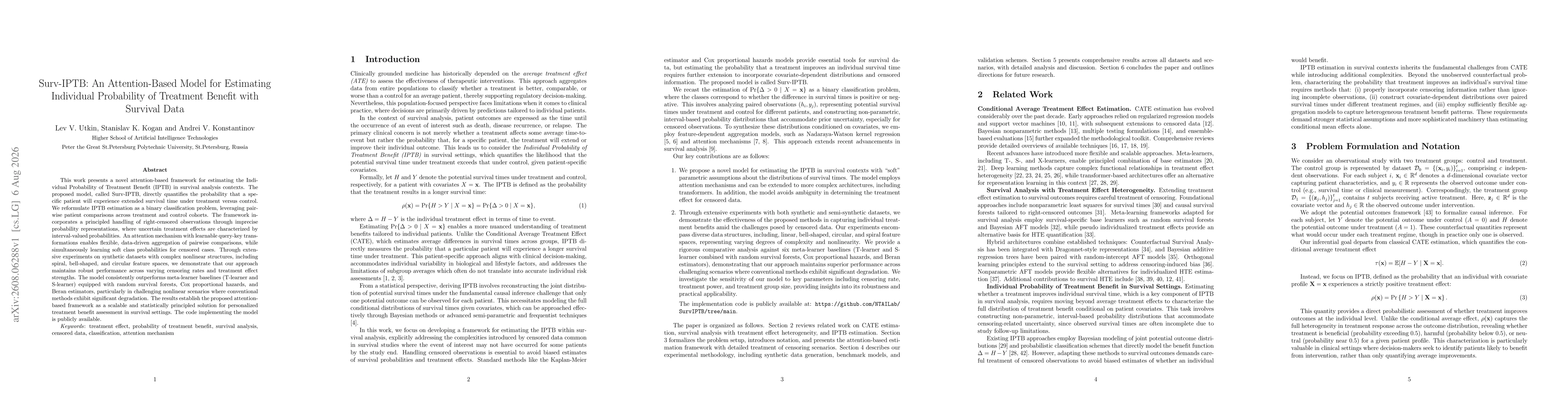 Thumbnail for Surv-IPTB: An Attention-Based Model for Estimating Individual Probability of Treatment Benefit with Survival Data