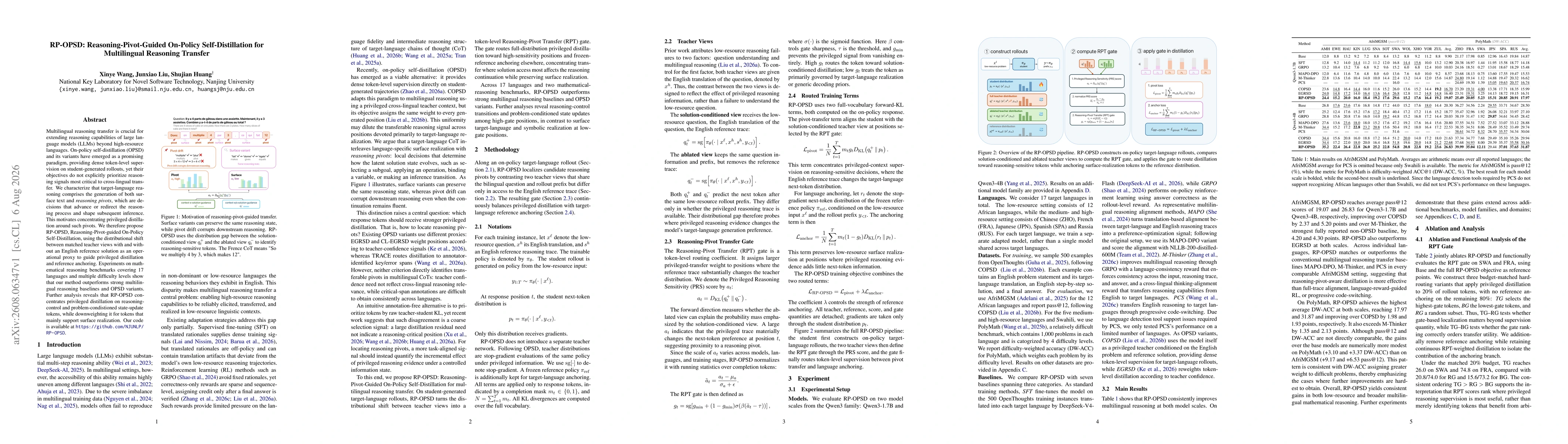 Thumbnail for RP-OPSD: Reasoning-Pivot-Guided On-Policy Self-Distillation for Multilingual Reasoning Transfer