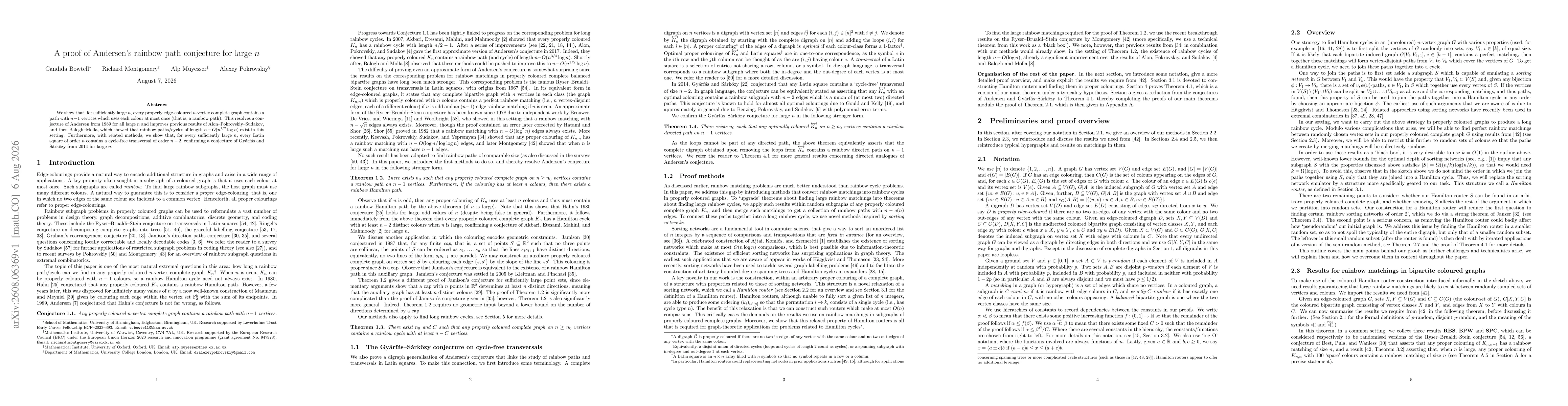 Thumbnail for A proof of Andersen's rainbow path conjecture for large $n$