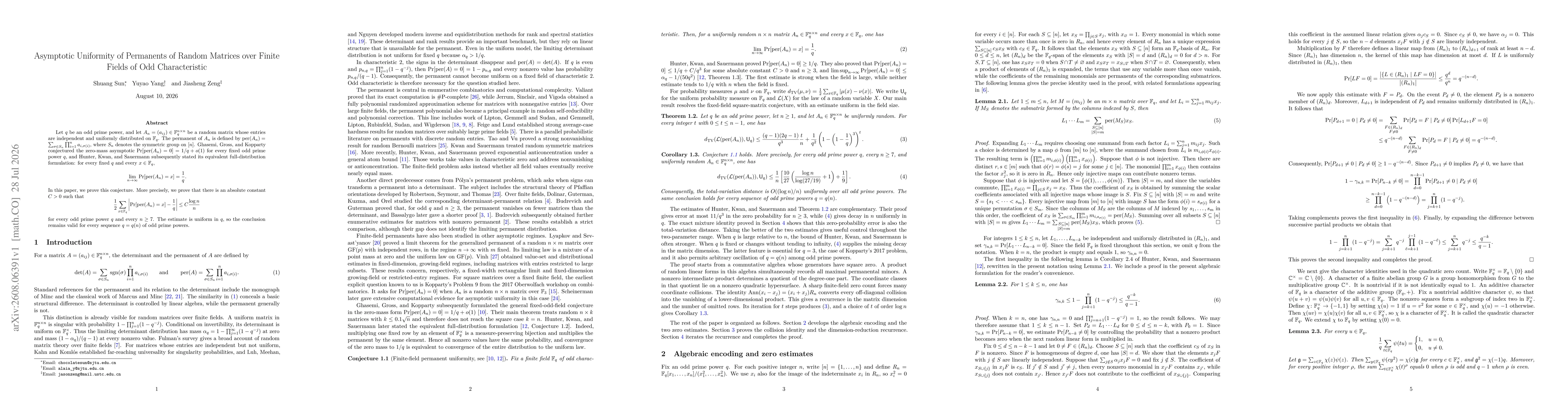 Thumbnail for Asymptotic Uniformity of Permanents of Random Matrices over Finite Fields of Odd Characteristic