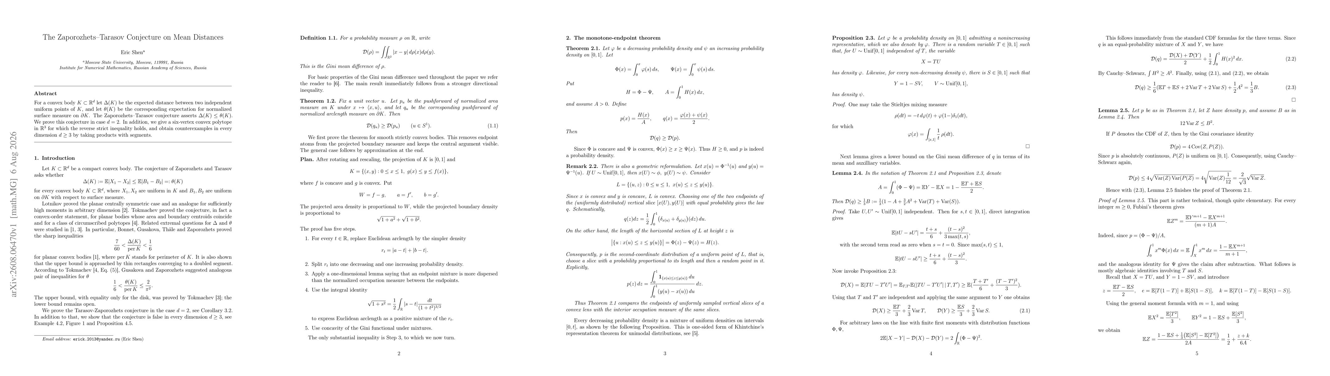 Thumbnail for The Zaporozhets-Tarasov Conjecture on Mean Distances